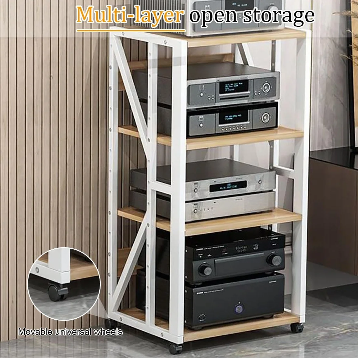 Rack Audio Mobile Con Ruote Universali, Av Tower Media Stand Supporto, 2/3/4/5 Livelli Armadio Audio HiFi Rack, Scaffale AV Per Rack HiFi Mobile, Per Soggiorno, Sala Teatro, Centro Intratte(Black,H49c