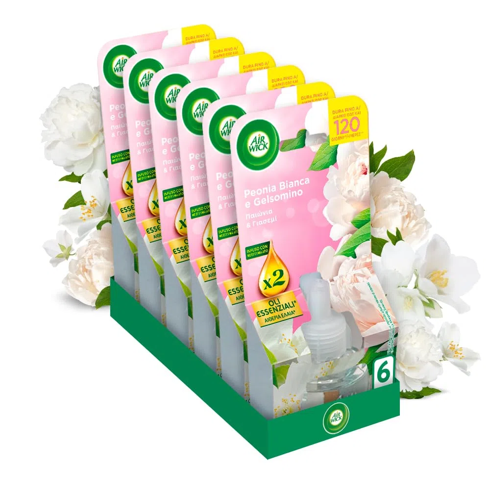 Air Wick Diffusore Elettrico di Oli Essenziali, 6 Ricariche per Diffusore Elettrico alla Fragranza Peonia Bianca e Gelsomino, Profumatore per Ambienti Elettrico con Oli Essenziali