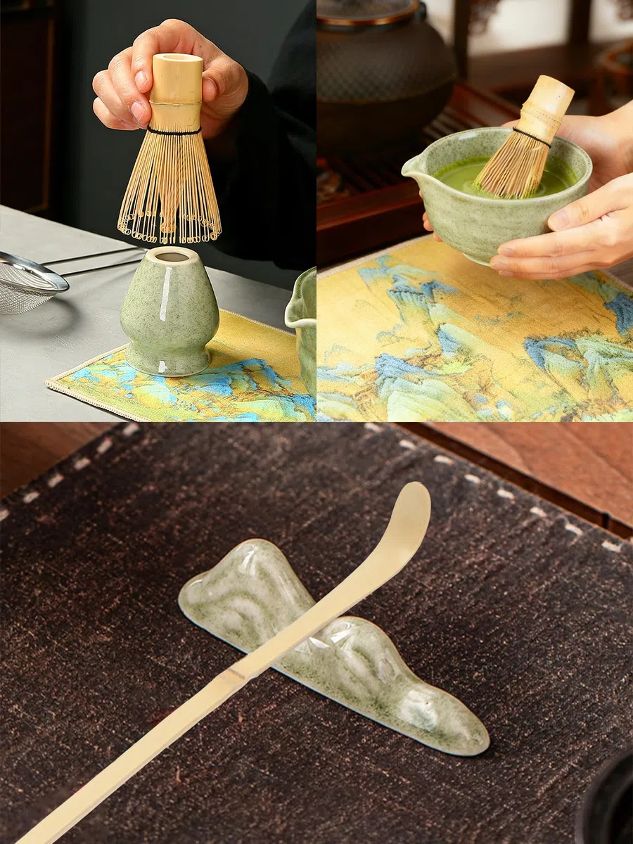 Set Matcha – Matcha Set a 8 Pezzi per la Cerimonia del Tè: Ciotola con Beccuccio, Frusta Matcha in Bambù con Supporto, Chashaku, Supporto per Chashaku, Cucchiaio in legno, Chakin, Setaccio per Matcha