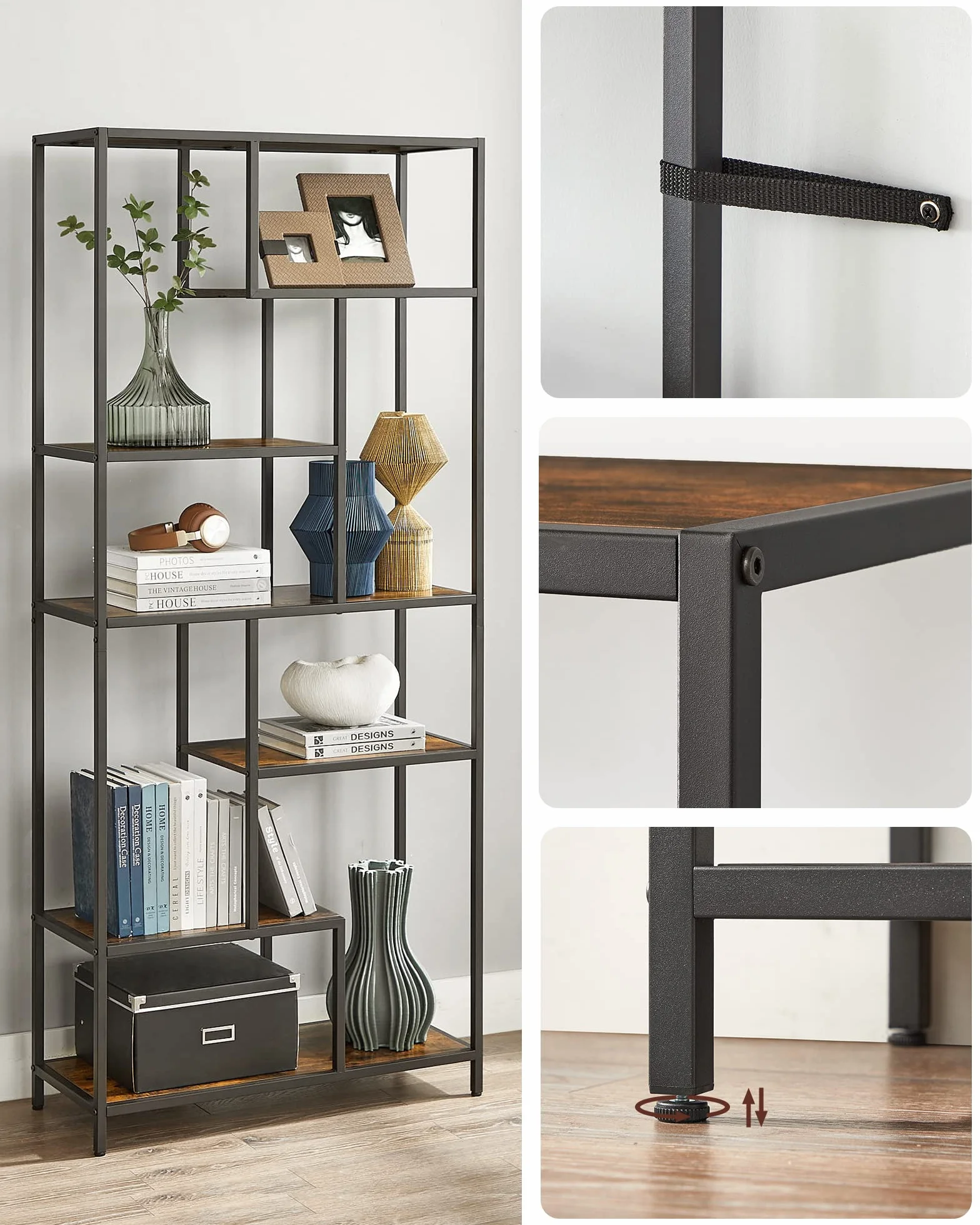 VASAGLE Libreria Scaffale, Libreria Verticale a 6 Ripiani, Porta Piante, 30 x 80 x 180 cm, Pannello di Truciolato, Studio Soggiorno Camera da Letto Cucina, Marrone Vintage e Nero LLS119B01