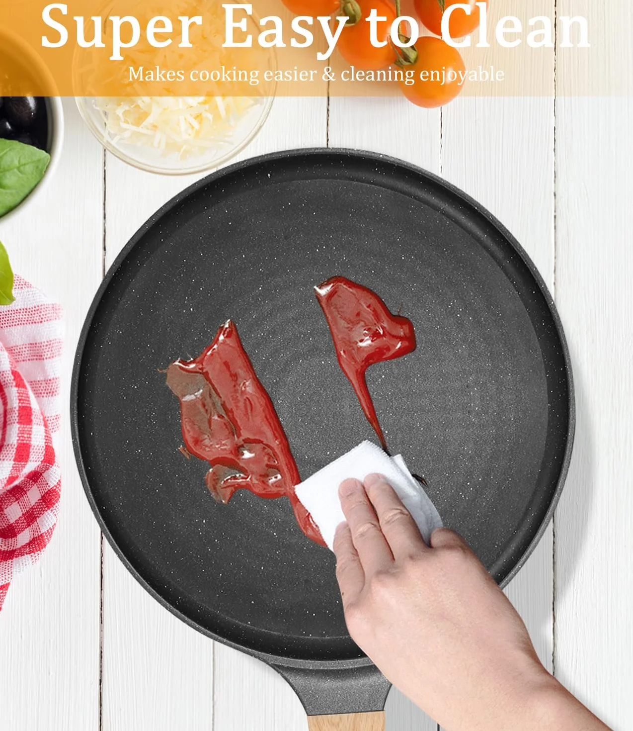 Padella crepes antiaderente nera 28 cm con rivestimento antiaderente in granito svizzero, manico in bachelite, compatibile EMC, senza PFOA