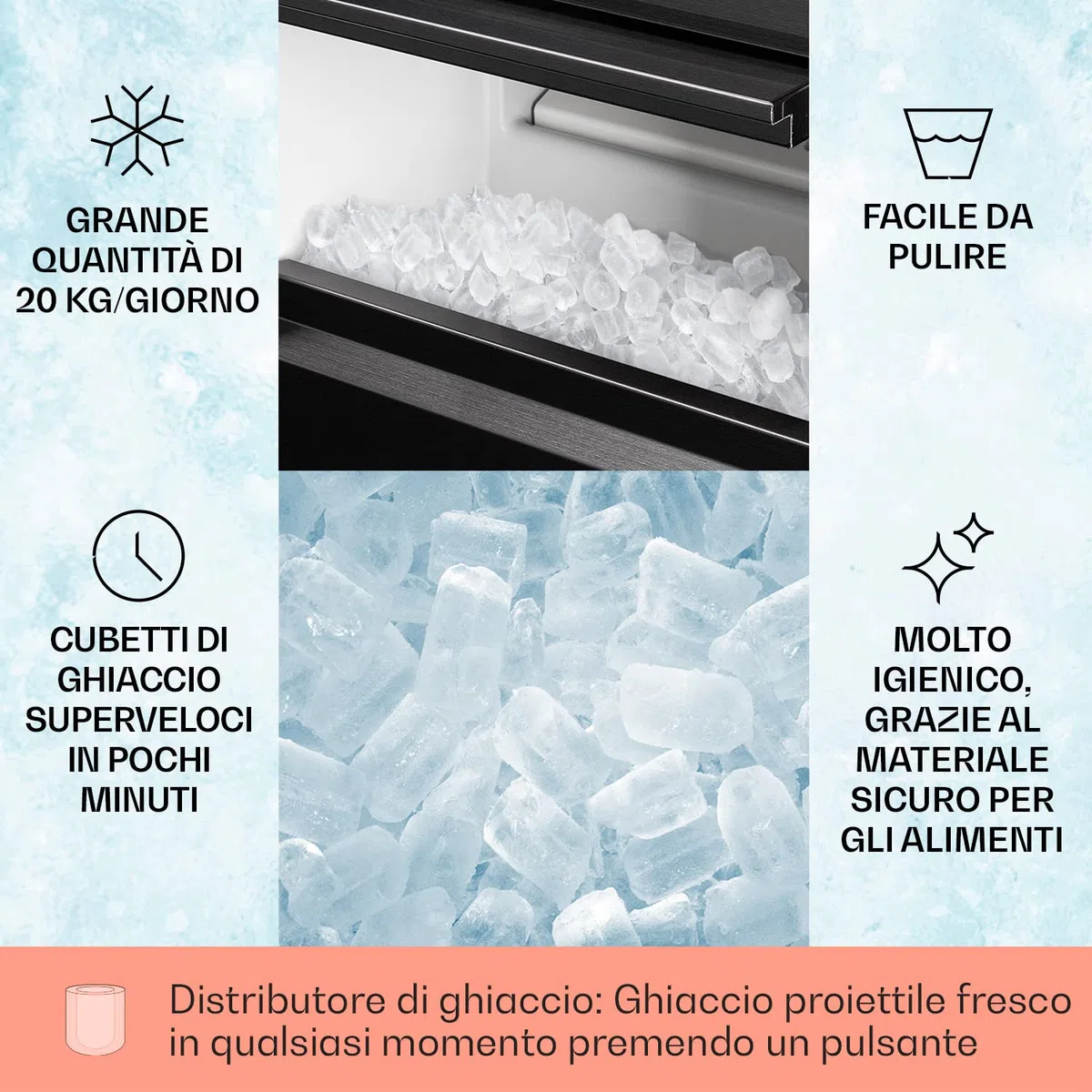 Klarstein Powericer Macchina Ghiaccio Casa 145W, Professionale, Fabbricatore Ghiaccio Secco fino a 20kg, Cubetti di Grandi e Piccole Dimensioni, Serbatoio 3.5kg