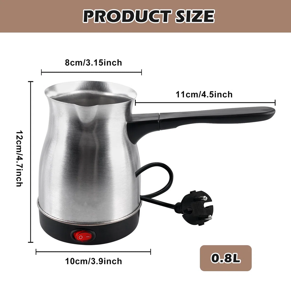 Vegena Caffettiera Elettrica Turca,800 Ml 800W Caffettiera Turca Elettrica In Acciaio Inossidabile,Caffettiera Turca Con Acciaio inossidabile Per Casa,Ufficio,Campeggio,Acciaio Inossidabile