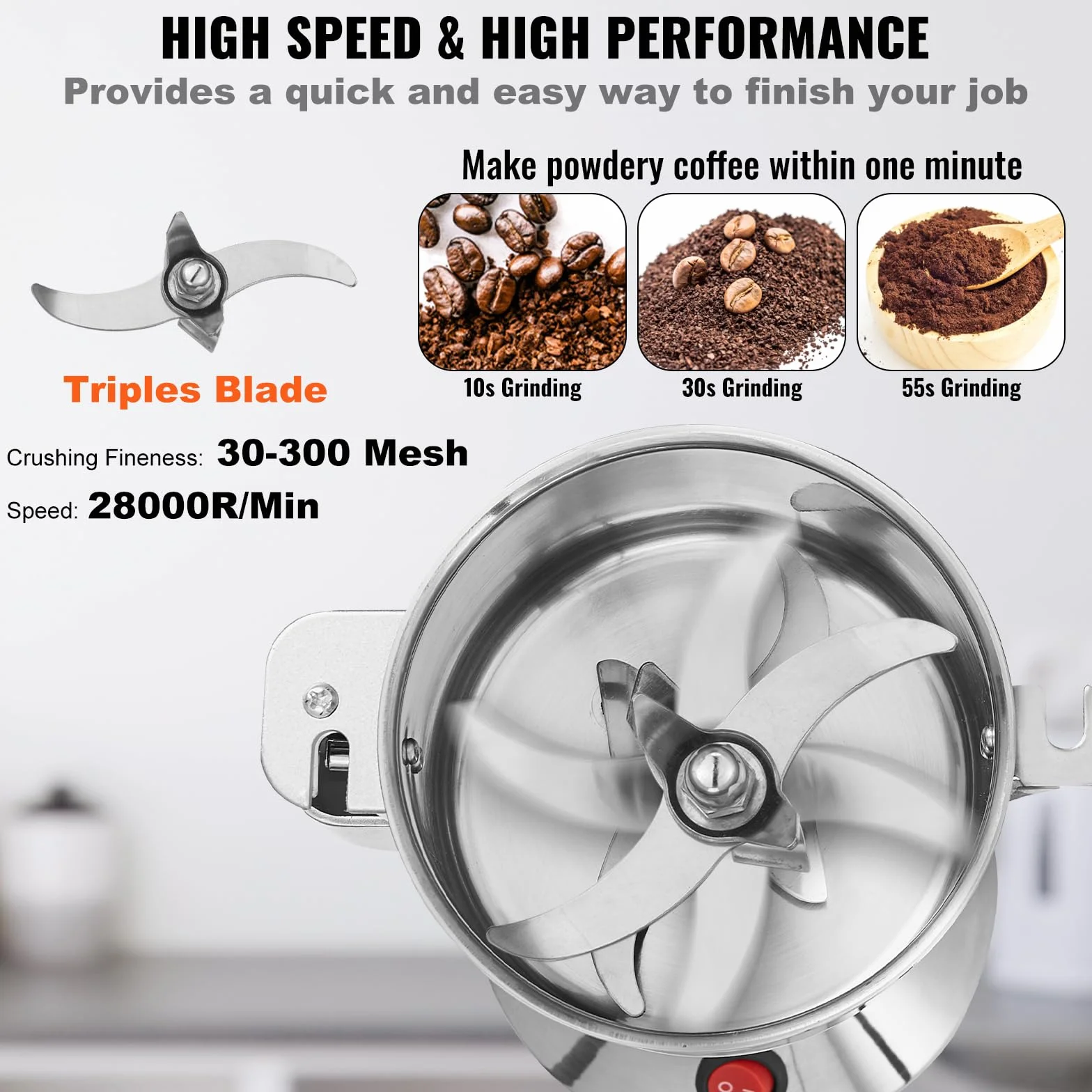 VEVOR 150g Mulino Elettrico per Cereali, Macina Spezie Commerciale Alta Velocità 850 W, Macchina Polverizzazione in Acciaio Inox, per Cereali Secchi, Spezie, Caffè, Mais, Pepe, Tipo Oscillante