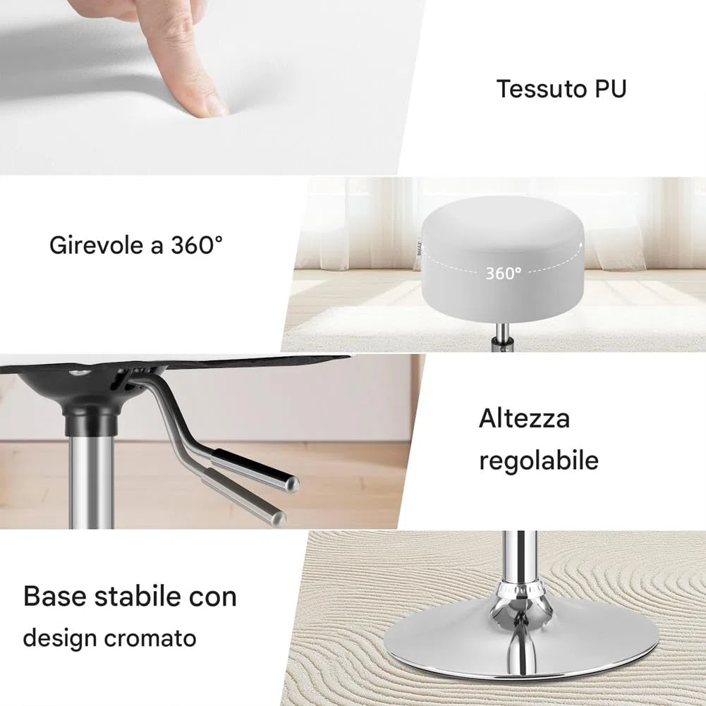 BAKAJI Sgabello Make Up per Toeletta Trucco Design Rotondo, Struttura Robusta Girevole a 360° Regolabile Altezza, Seduta Comoda e Imbottitura Alta Densità Ergonomica, Sedia Rivestimento Pelle (Bianco)