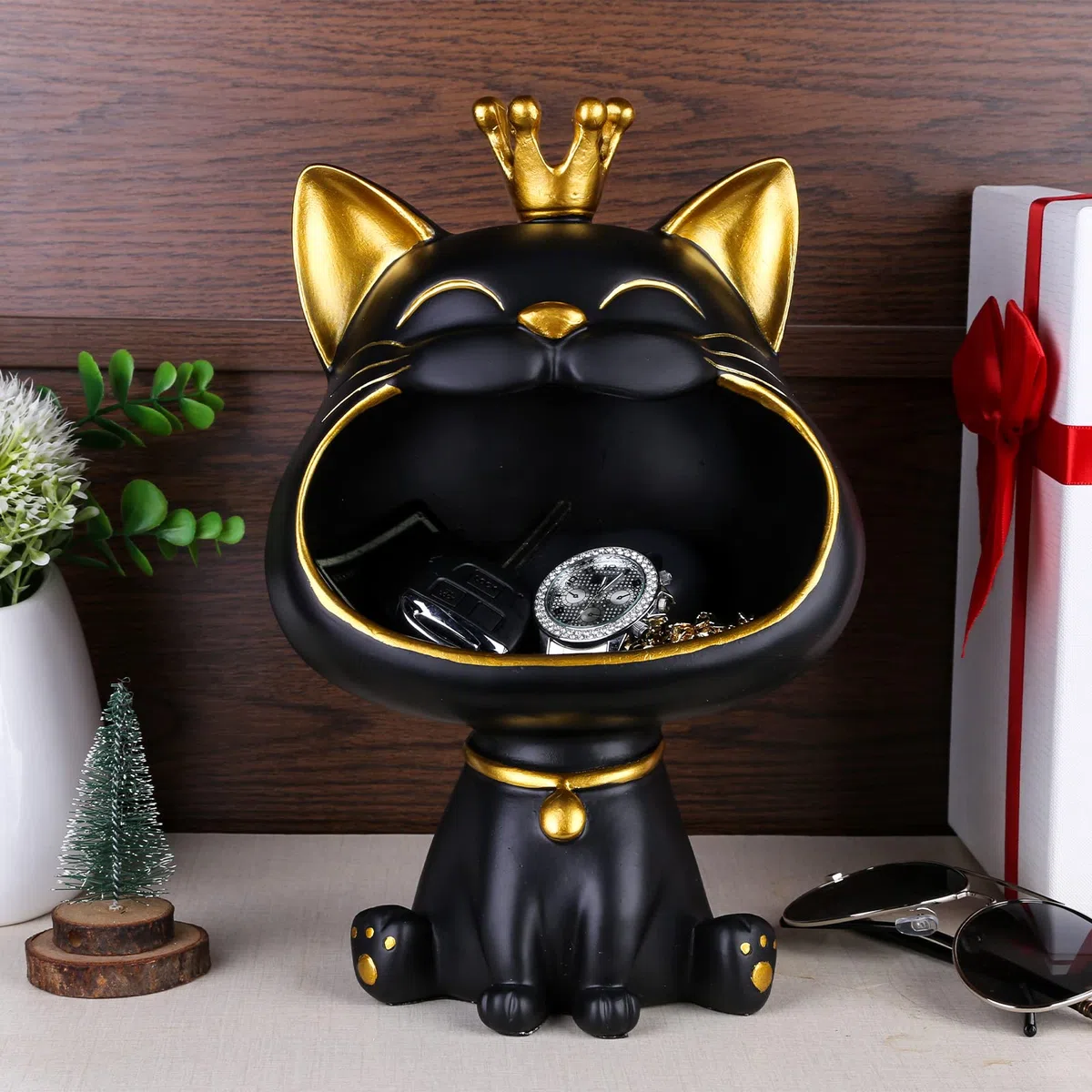 Starnearby Statua Gatto Vassoio Svuotatasche da Ingresso Design, Portachiavi Scultura in Resina, Ciotola per Chiavi, Vassoio da Scrivania Portaoggetti da Tavolo