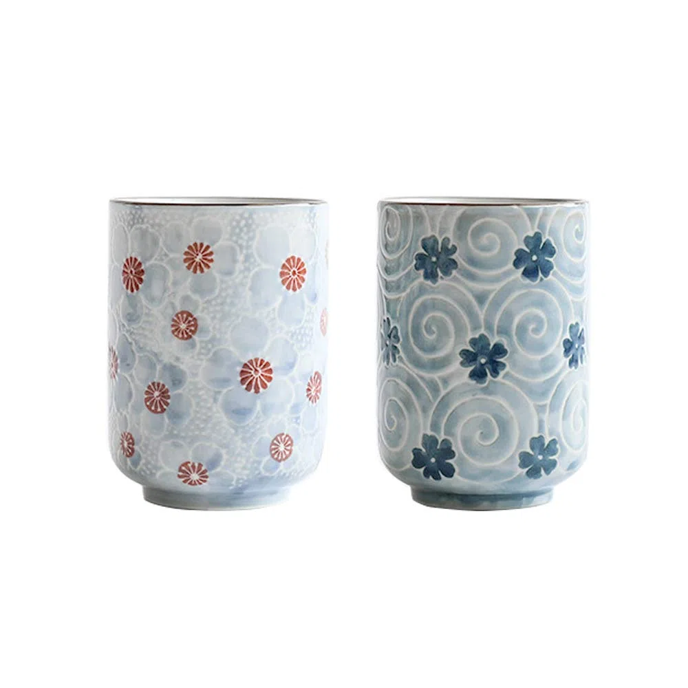 Tazze da tè giapponesi Tazza in ceramica Fiore tradizionale giapponese bel design Set di 2 tazze da tè yunomi 10 once