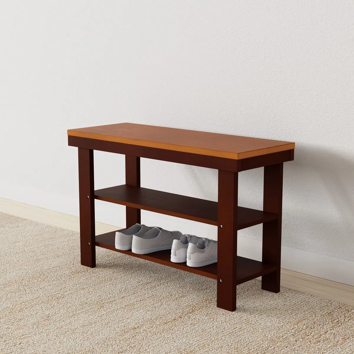 Amazon Basics Panca portaoggetti da ingresso, in legno di pino massiccio, scarpiera, a 3 livelli, per corridoio, in legno di pino massiccio, Espresso, 70 x 26 x 45 cm
