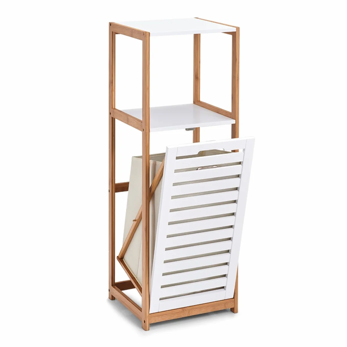 Zeller 18867 - Mensola con Cesto portabiancheria in bambù/MDF, ca. 36 x 33 x 98 cm, Colore: Bianco