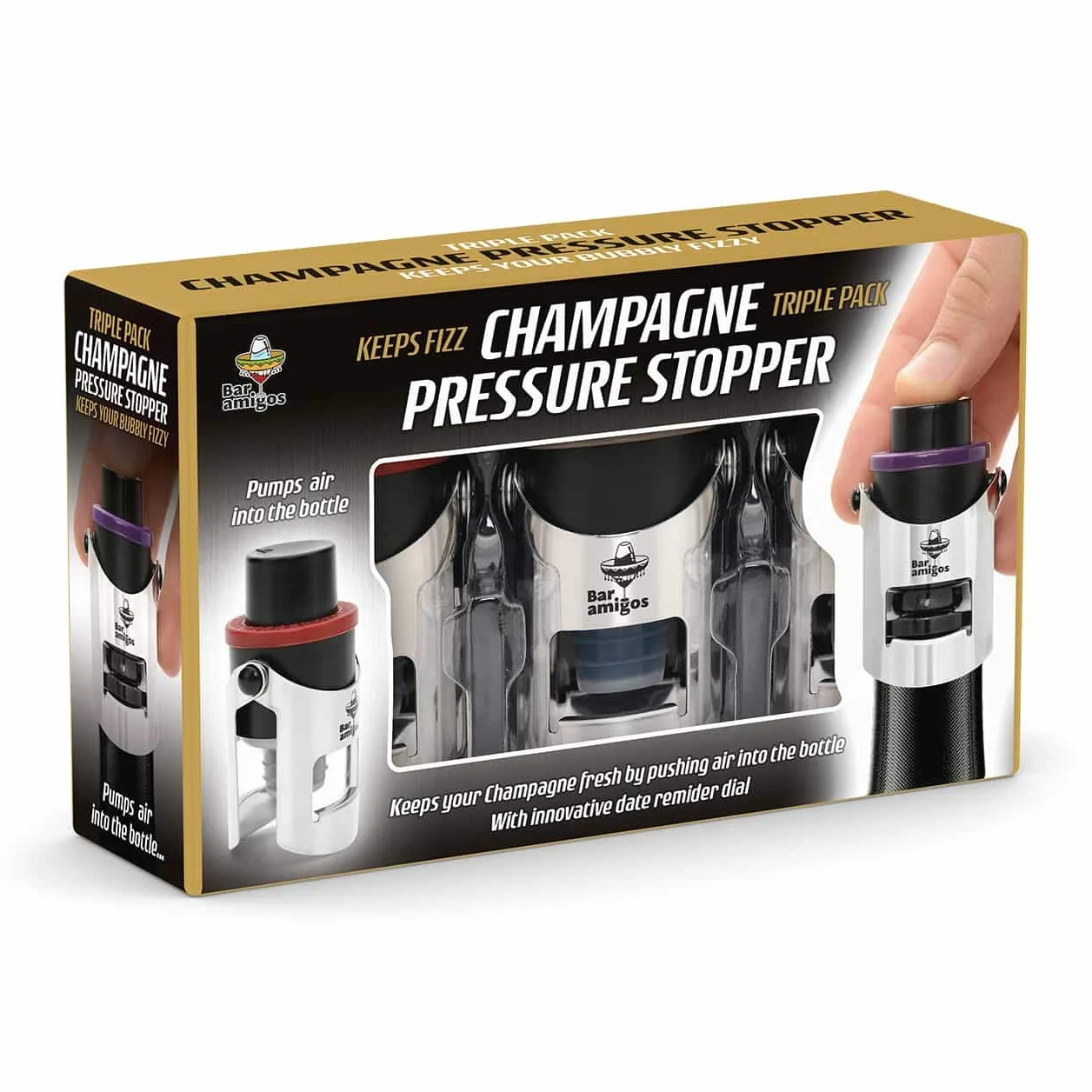 Bar Amigos® Triple Value Pack di 3 Champagne Pressure Stopper - Pressione Tappo Vino Pompetta Pompa Per il Vino Spumante Tappi Con la tecnologia brevettata Per mantenere la vostra bottiglia di vino fresco - Garanzia di soddisfazione 3 anni