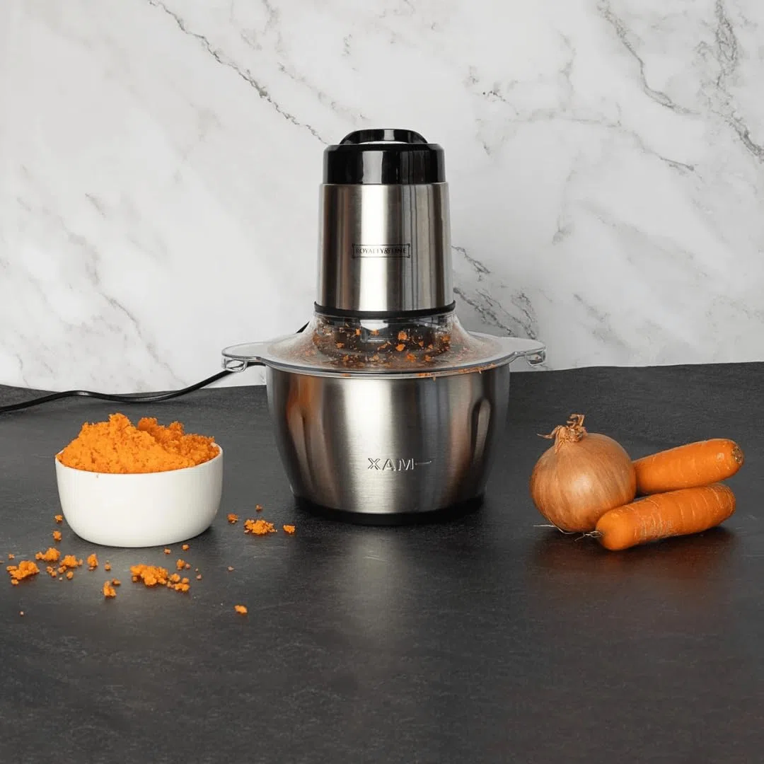 ROYALTY LINE, Tritatutto Multifunzione 300W RLMCE3003418, Ciotola in Acciaio Inox da 1,8 L, 2 Velocità, 4 Lame Affilate, Ideale per Carne, Verdura e Frutta, Facile da Pulire, Design ergonomico