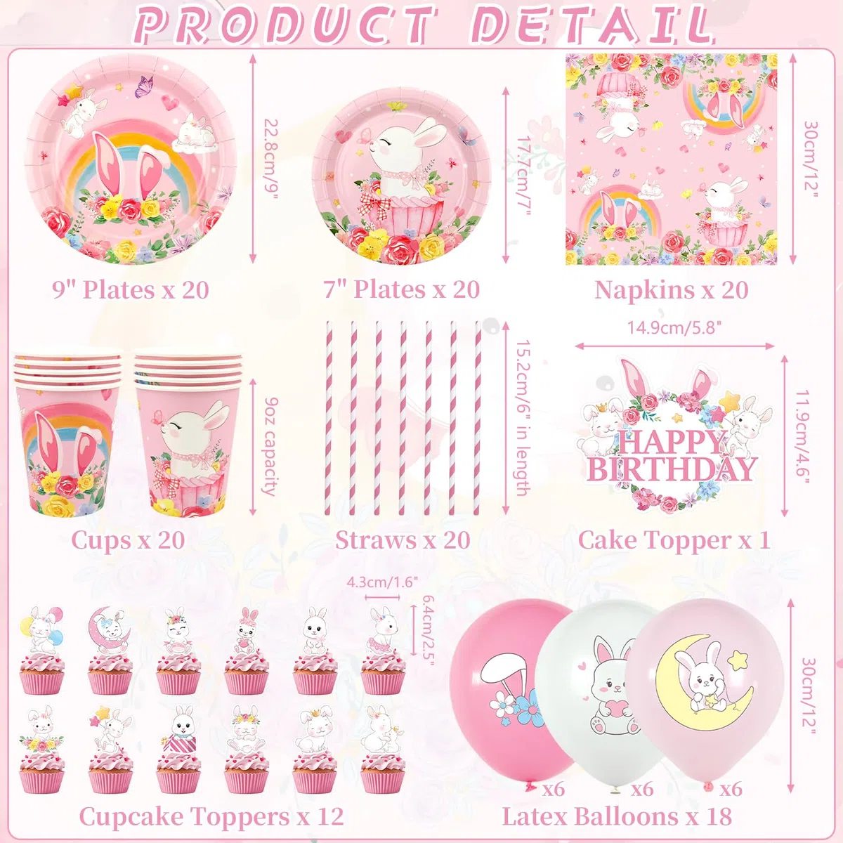 Bunny Decorazioni per feste di compleanno – Accessori per feste con coniglio tra cui striscioni, piatti, decorazioni per torte, bicchieri, tovaglioli, palloncini, tovaglie, per 20 persone (LQ