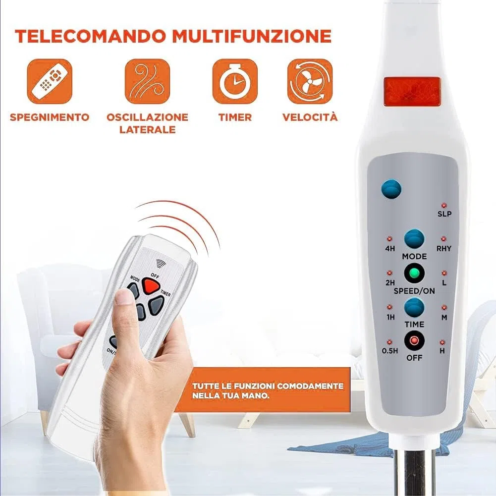 BAKAJI Ventilatore a Piantana con Telecomando, Potenza 50W 3 Velocità, Pale da 40 cm, Altezza ed Inclinazione Regolabile Fino a 130 cm, Funzione Timer, Base Rotonda, Oscillazione Orizzontale (Bianco)