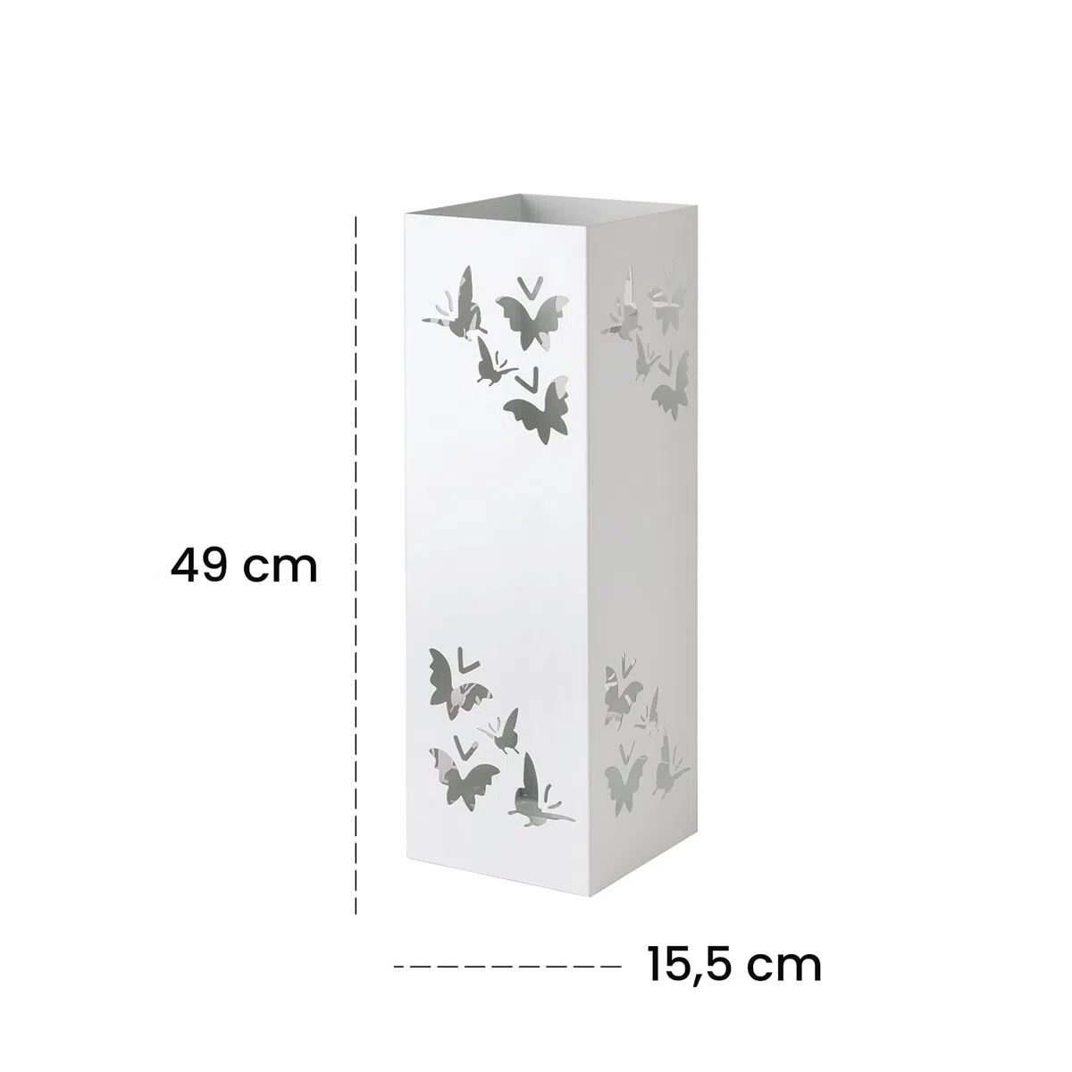 Baroni Home Portaombrelli Quadrato in Metallo con Intagli a Forma di Farfalle 15,5x15,5x49 cm con Gancino e Vaschetta Scolapioggia Rimovibile, Bianco