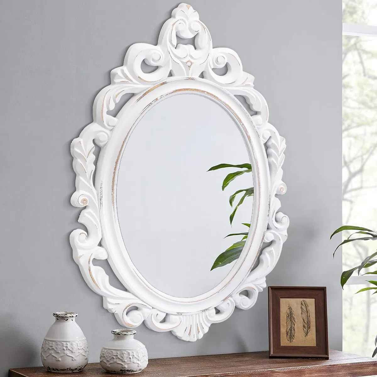 Specchi ovali in legno con cornice bianca vintage Arendahl specchio da parete intagliato stile barocco tradizionale decorativo per vanità camera da letto soggiorno