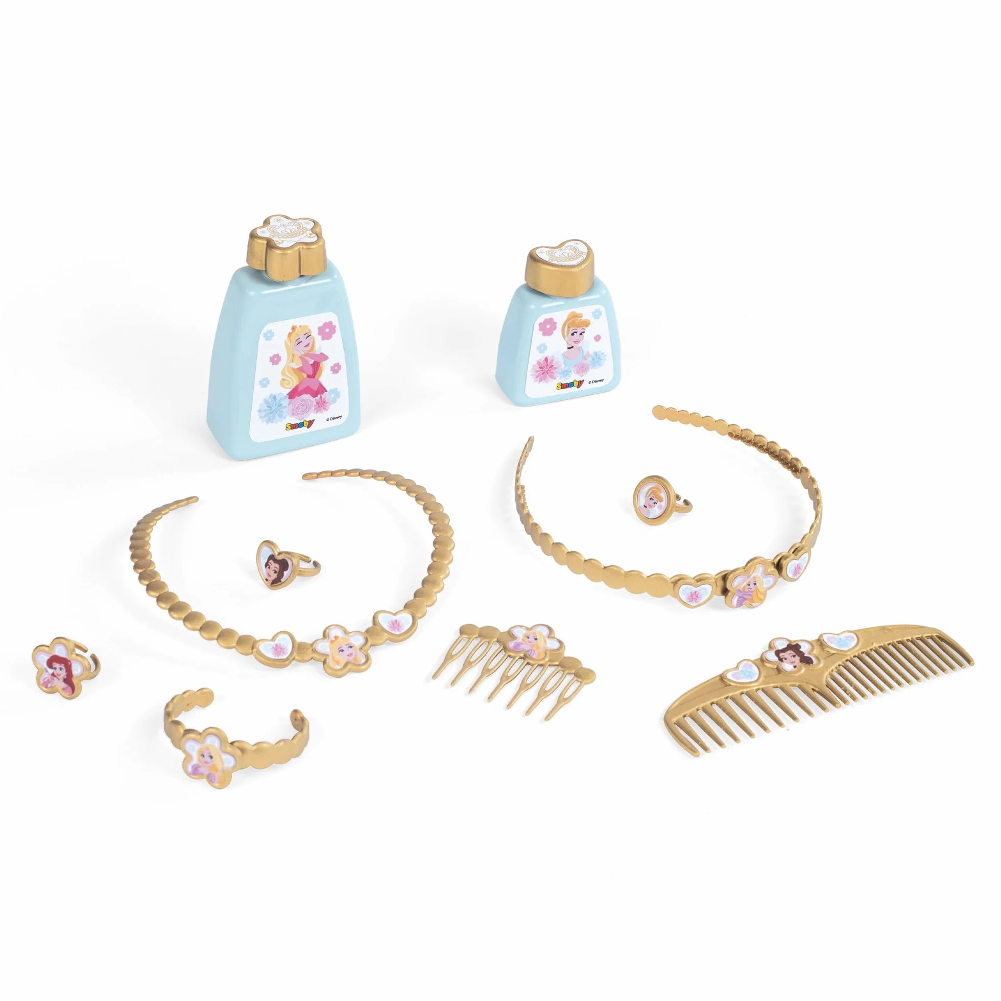 Smoby - Disney Princess specchiera 2 in 1, 7600320250, +3 anni, con sgabello, specchio girevole, da specchiera a tavolo, 10 accessori