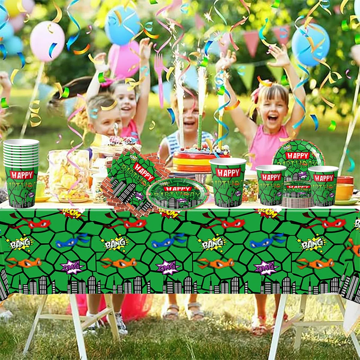 61 pezzi Set di stoviglie per feste di compleanno per bambini Green Turtle, festa di compleanno per bambini Superhero Turtle Shell, tazze, piatti, tovaglioli, tovaglia, adatto per 20 ospiti