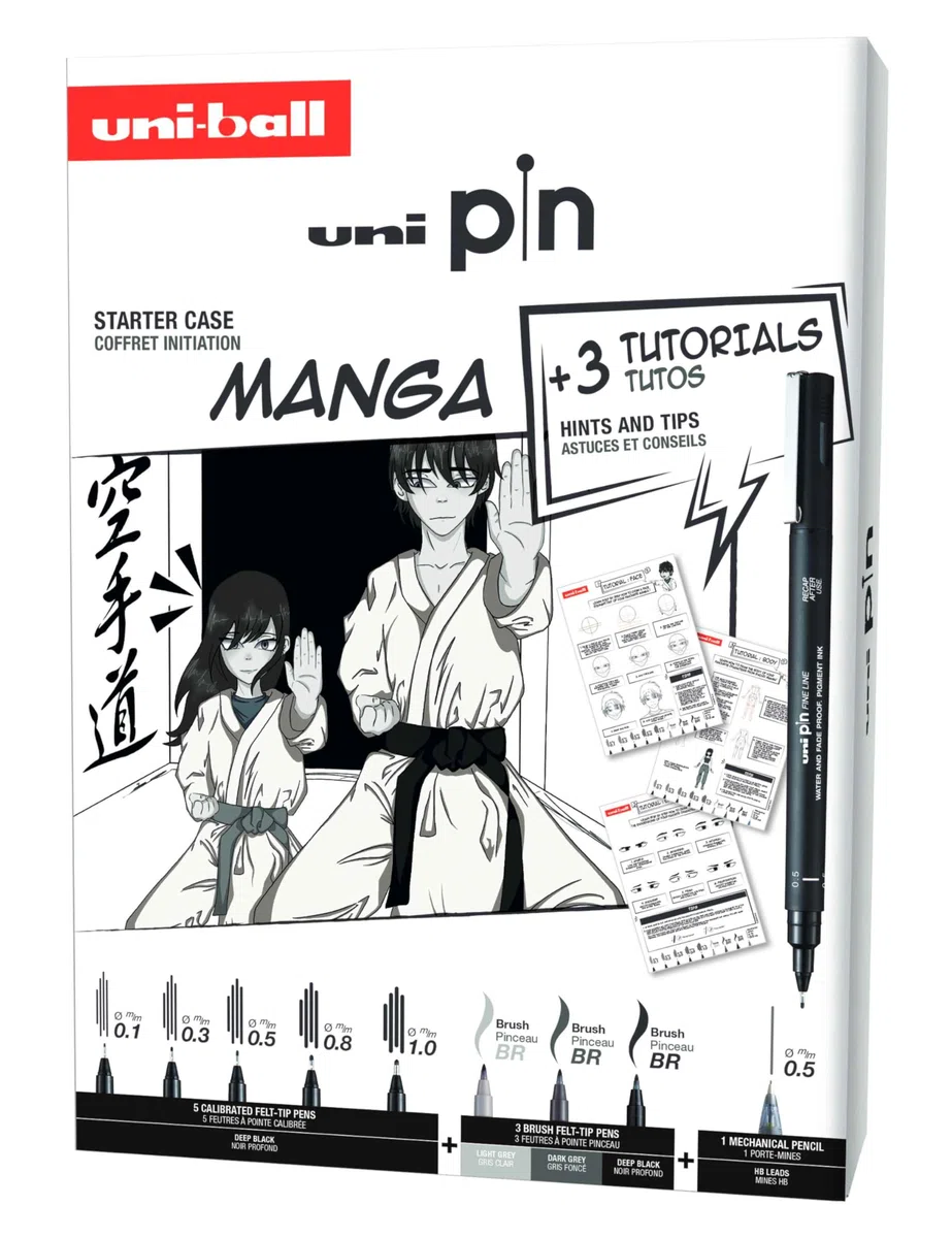 Uni Ball- Brush Pen Fine Liner per Manga, Kit Disegno Tecnico con Pennarelli Indelebili Punta Fine Professionali per Imparare a Disegnare e 1 Portamine, Set Penne Nere Calligrafia Scrittura + Tutorial