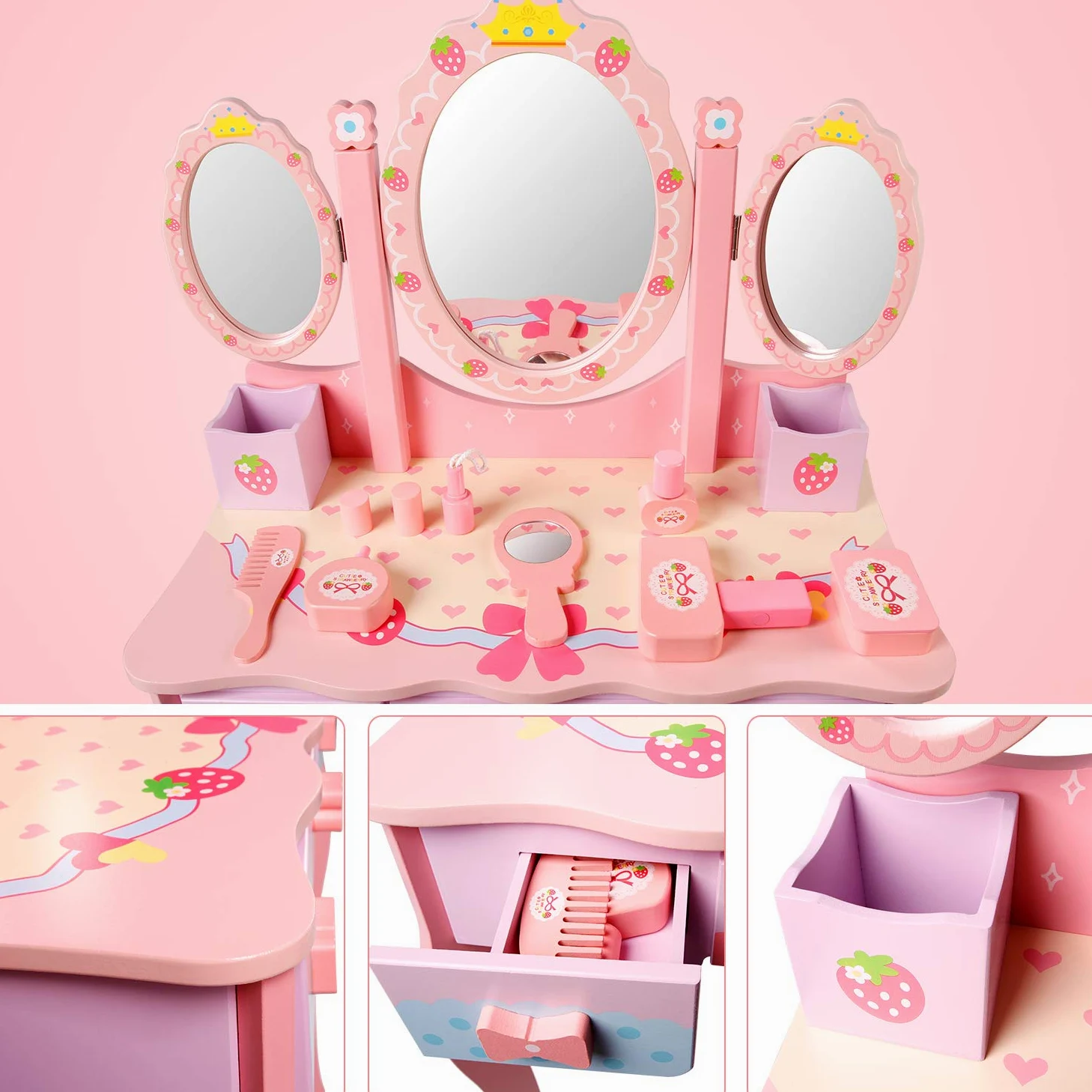 CCLIFE toeletta trucco bambina, toeletta trucco rosa 3 Specchio 3 Cassetti 1 Sgabelli 2 organizzatori, rosa