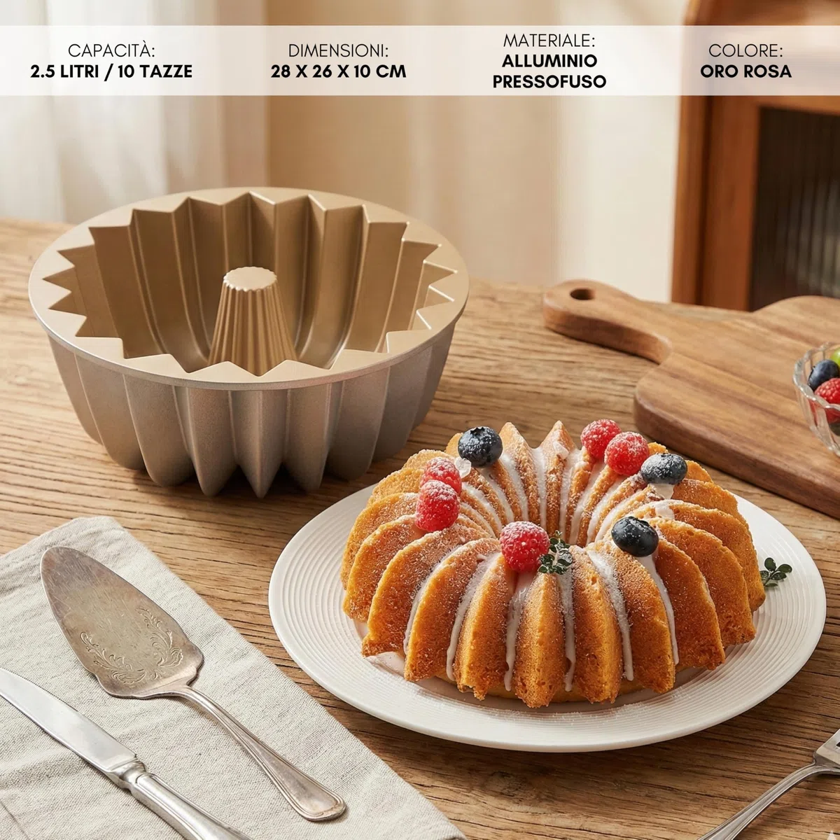 Erreke Stampo Torta Forno, Stampo Ciambella con Doppio Rivestimento Antiaderente, Alluminio Pressofuso Resistente, Savarin Cottura Uniforme, per Pasticceria, Flan, Budino, 24 cm, 2,5 litri, Gleam