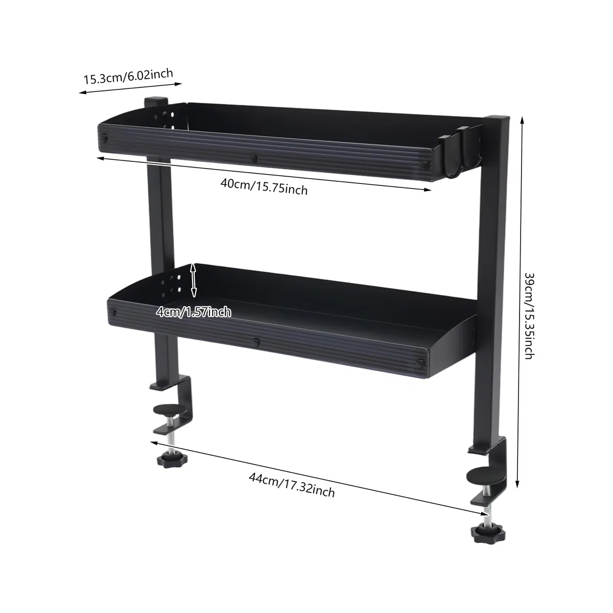 Mensola da scrivania con morsetto, organizer da scrivania a 2 livelli in acciaio al carbonio, spazio senza foratura, capacità 10 kg per livello, installazione rapida per ufficio casa, 44 x 39 x 15 cm