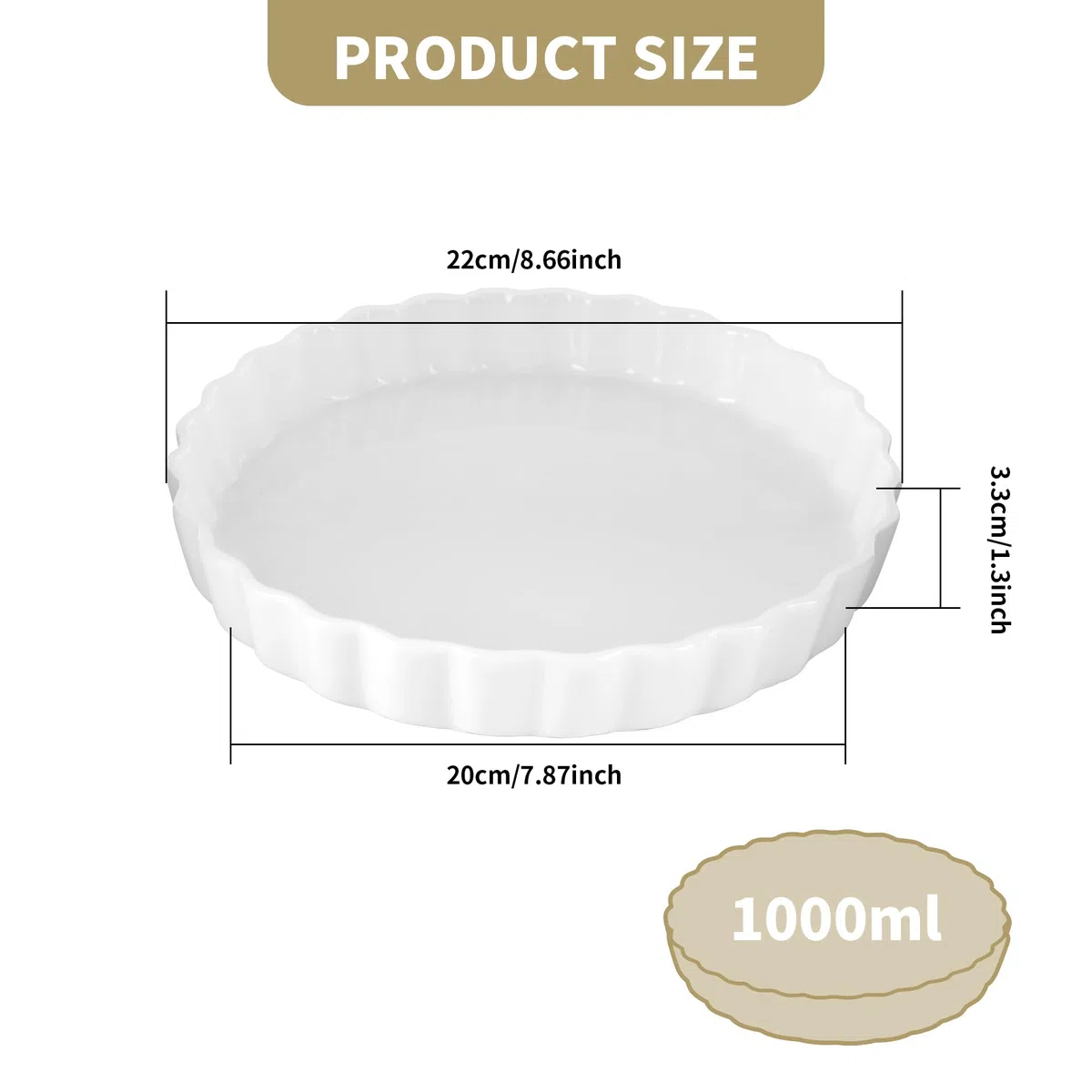 Teglia per quiche in ceramica per forno, 22 cm, per torte, teglia da forno antiaderente rotonda, teglia per quiche, bianca