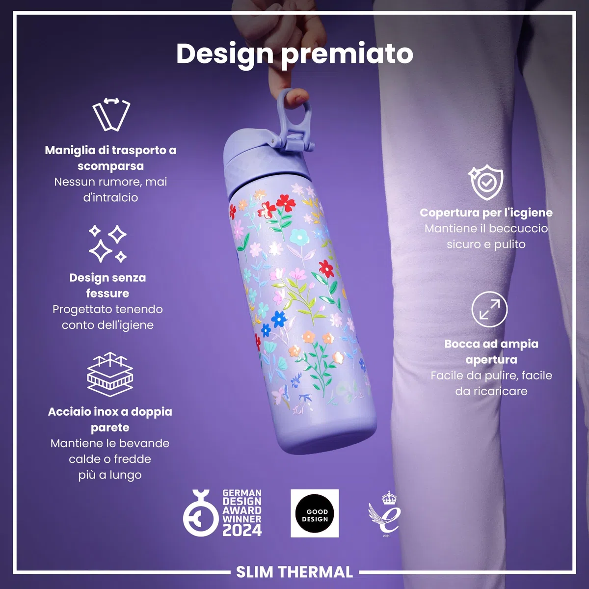 Ion8 Borraccia Termica in Acciaio Isolato, 500ml, a Prova di Perdite, Facile da Aprire, Serratura Sicura, Lavabile in Lavastoviglie, Maniglia per il Trasporto, Facile Pulizia,Floreale Delicato