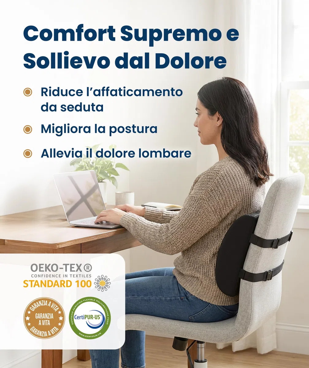 Everlasting Comfort Cuscino Lombare Memory Foam per Sedia Ufficio e Auto – Supporto Schiena Ergonomico, Sollievo Dolore Lombare, Migliora la Postura e il Comfort Durante Uso Quotidiano