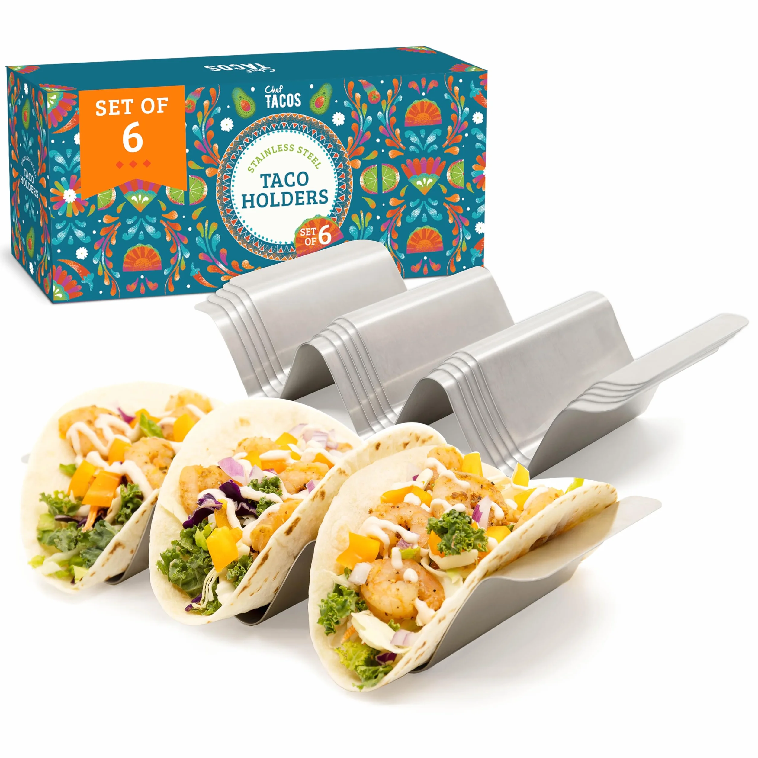 Porta Tacos Acciaio con Base Scanalata, Set 6 per Tacos Messicani e Tortilla, Ideale come Chef Accessori e Accessori Griglia per Forno o BBQ