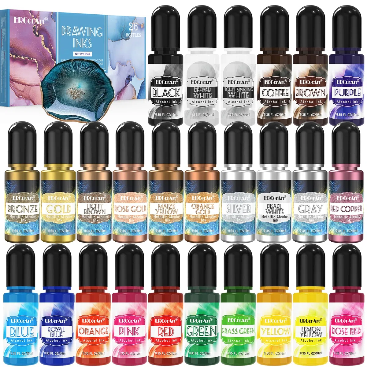 Alcohol Ink Set - ERCorArt 26 Colori Vivaci e Concentrati, Inchiostro ad Alcool per Resina Epossidica, Pittura Artistica, Creazione di Capsule di Petri In Resina - 10 ml/Bottiglia