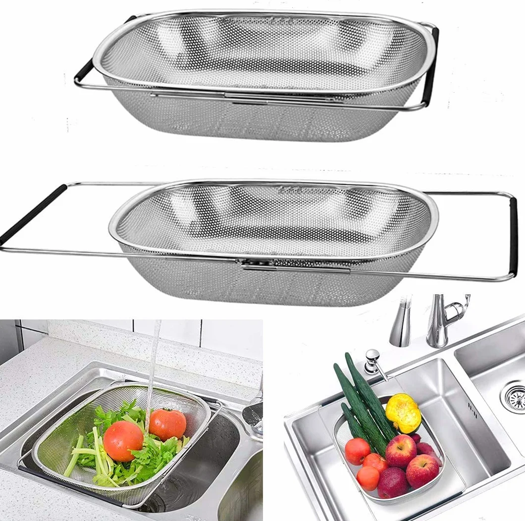 D L D - Colino ovale in acciaio inox di alta qualità con cestello a rete fine da 5,8 litri e manici in gomma espandibili, per scolare, filtrare e sciacquare frutta e verdura (modello The New)
