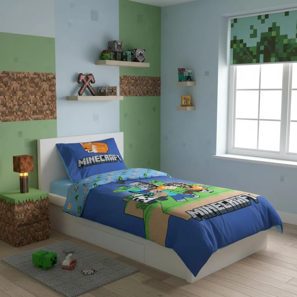 Minecraft Biancheria da letto per bambini | Copripiumino 140x200 cm & federa 50x70 cm | 100% cotone, morbido e traspirante | Design Minecraft “Ready to Survive”