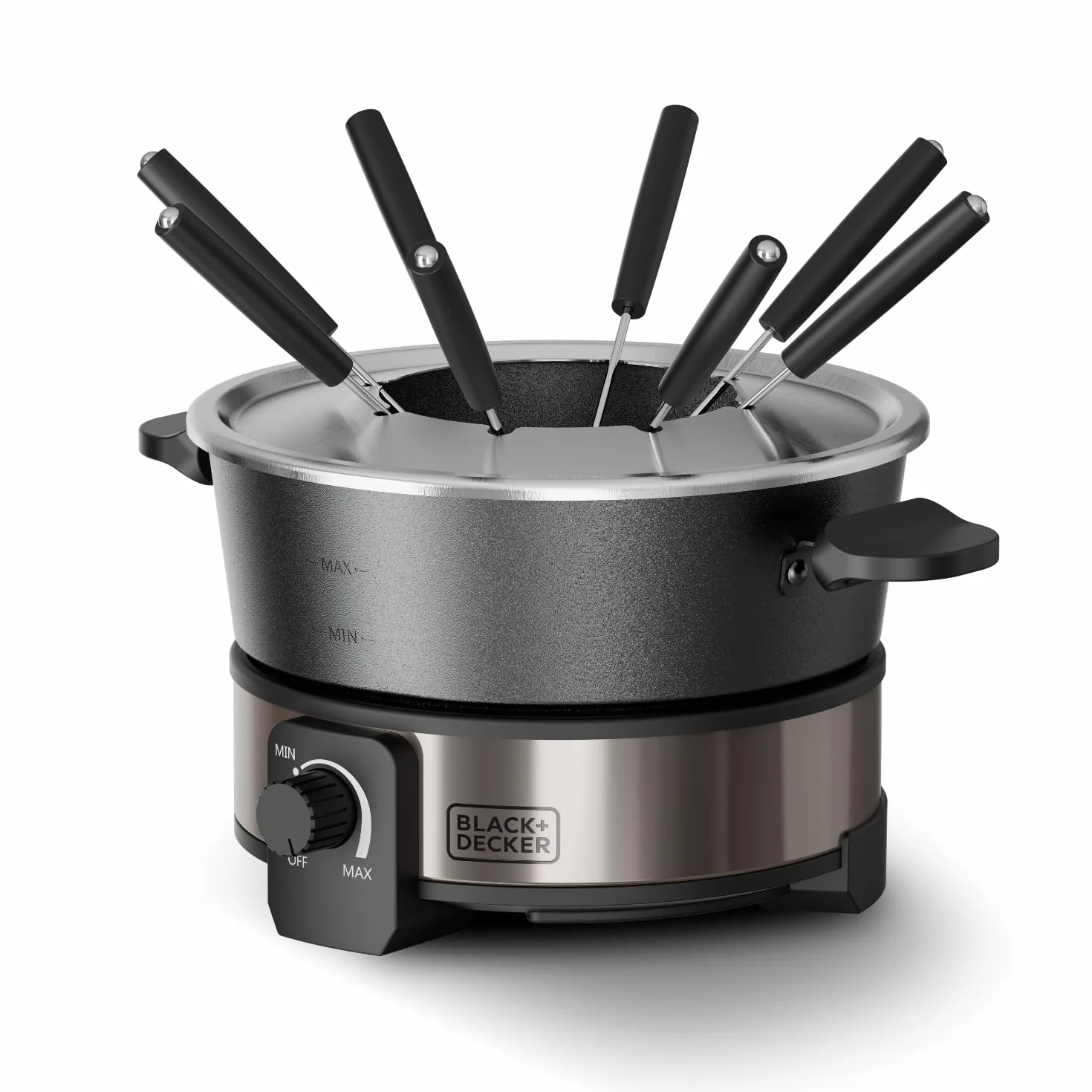 BLACK+DECKER - Fonduta 1000W | 2L | Termostato regolabile 200°C | Cioccolato, Formaggio, Brodo, Olio | Pentola antiaderente senza PFOA | 8 forchette | Maniglia fredda | Lavastoviglie