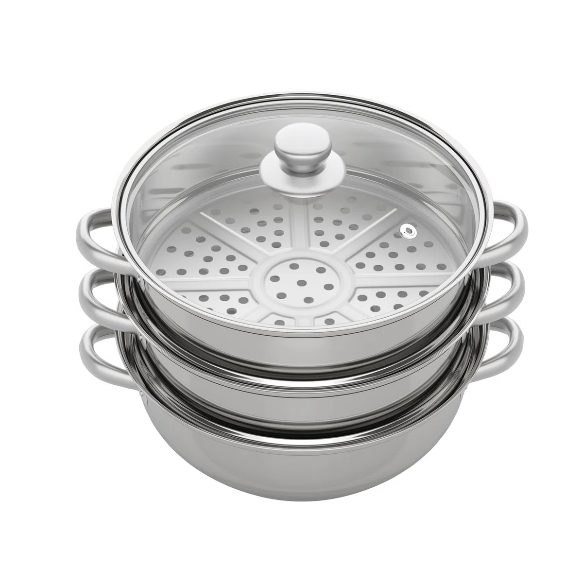 Steamer a 3 strati da 28 cm, pentola a vapore con manici Steamery, vaporiera impilabile con coperchio in vetro per la casa, pentola per cucinare a vapore in acciaio inox per gas, elettrico, induzione