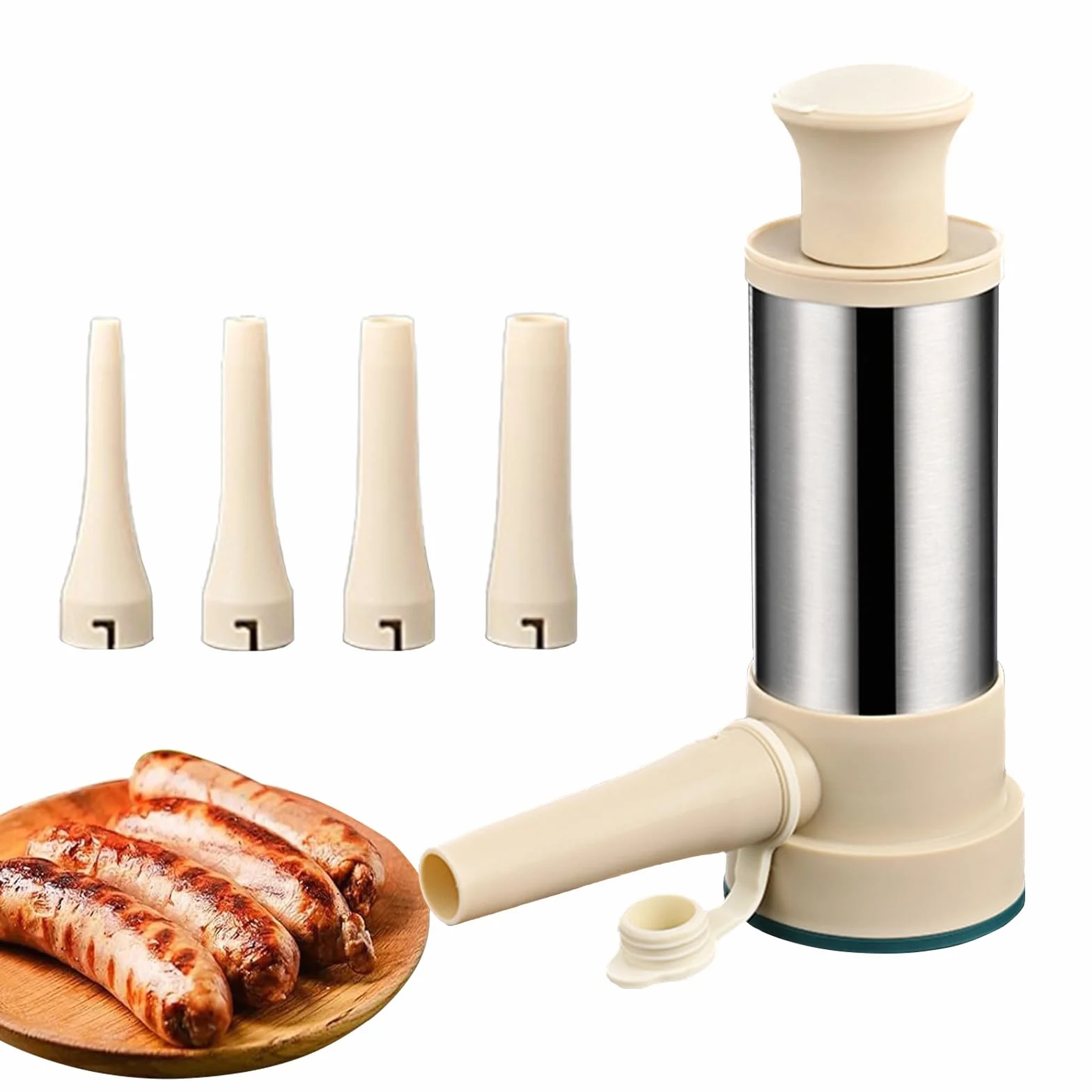 Riempitore manuale per salsicce 2 in 1, 4 tubi di riempimento, utensili da cucina per salsicce fatte in casa, manuale, acciaio inossidabile