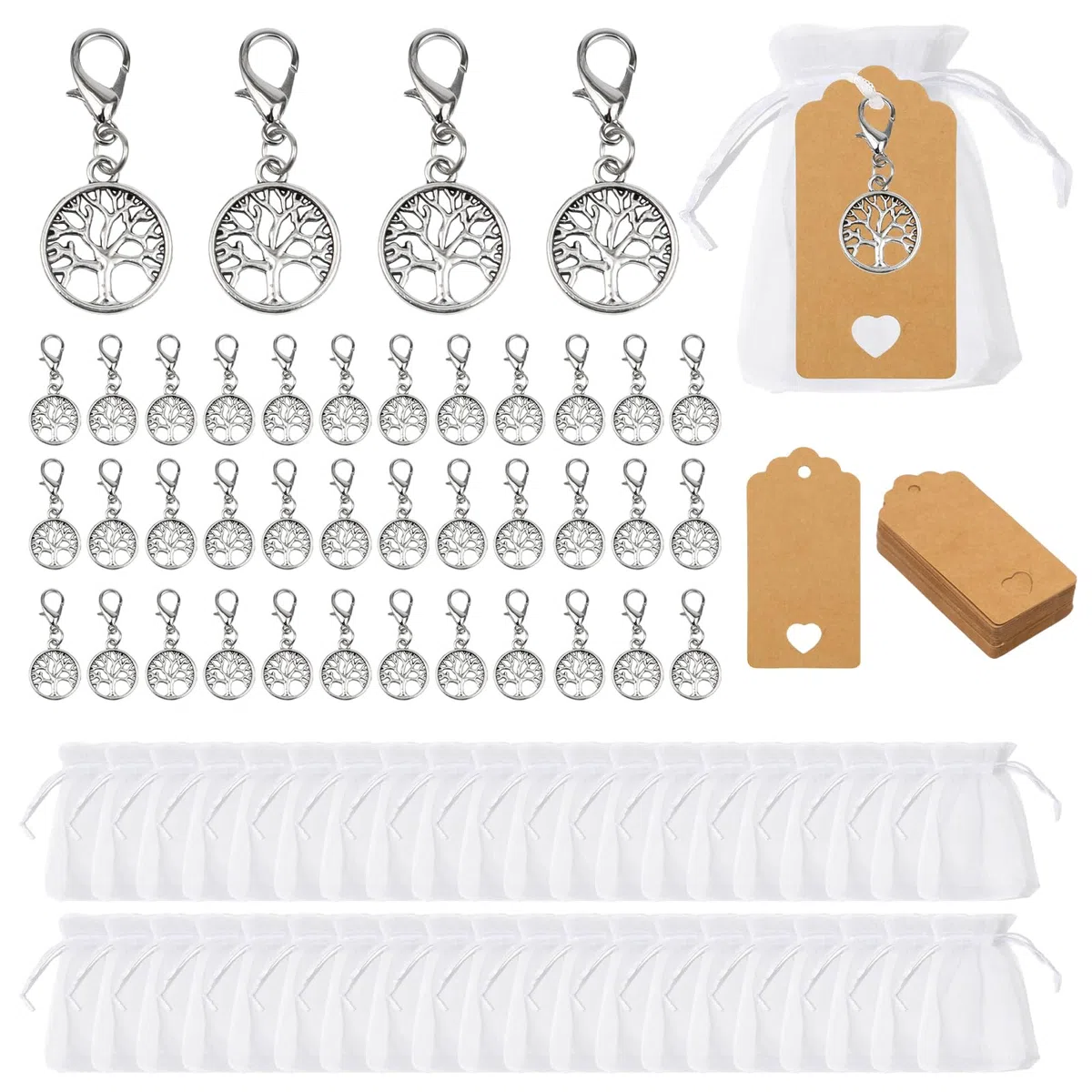 40 Pezzi Portachiavi Albero Della Vita,40pz Sacchetti Organza,40 Kraft Card Albero Dellas Lega Dellas Vita Portachiavi Ciondolo Alber Della Vitas per Battesimo Comunione Bomboniere Matrimonio