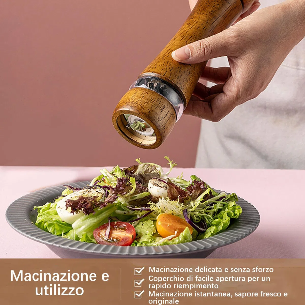 Macina Pepe Set di 2 Pezzi Legno,Macina Sale e Pepe Manuale con Trasparenti Finestra in Acrilico,Saliera e Pepiera con Regolabile Macinino in Ceramica per Sale, Pepe, Spezie,Macinapepe Manuale