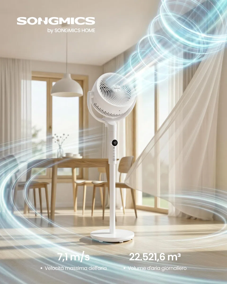 SONGMICS Ventilatore a Piantana, Ventilatore Silenzioso 20 dB, Telecomando, Camera da Letto, Oscillante 120°+135°, 15 Velocità, Timer 15 Ore, 3 Modalità, Altezza Regolabile, Bianco Nuvola XFC002W1EU