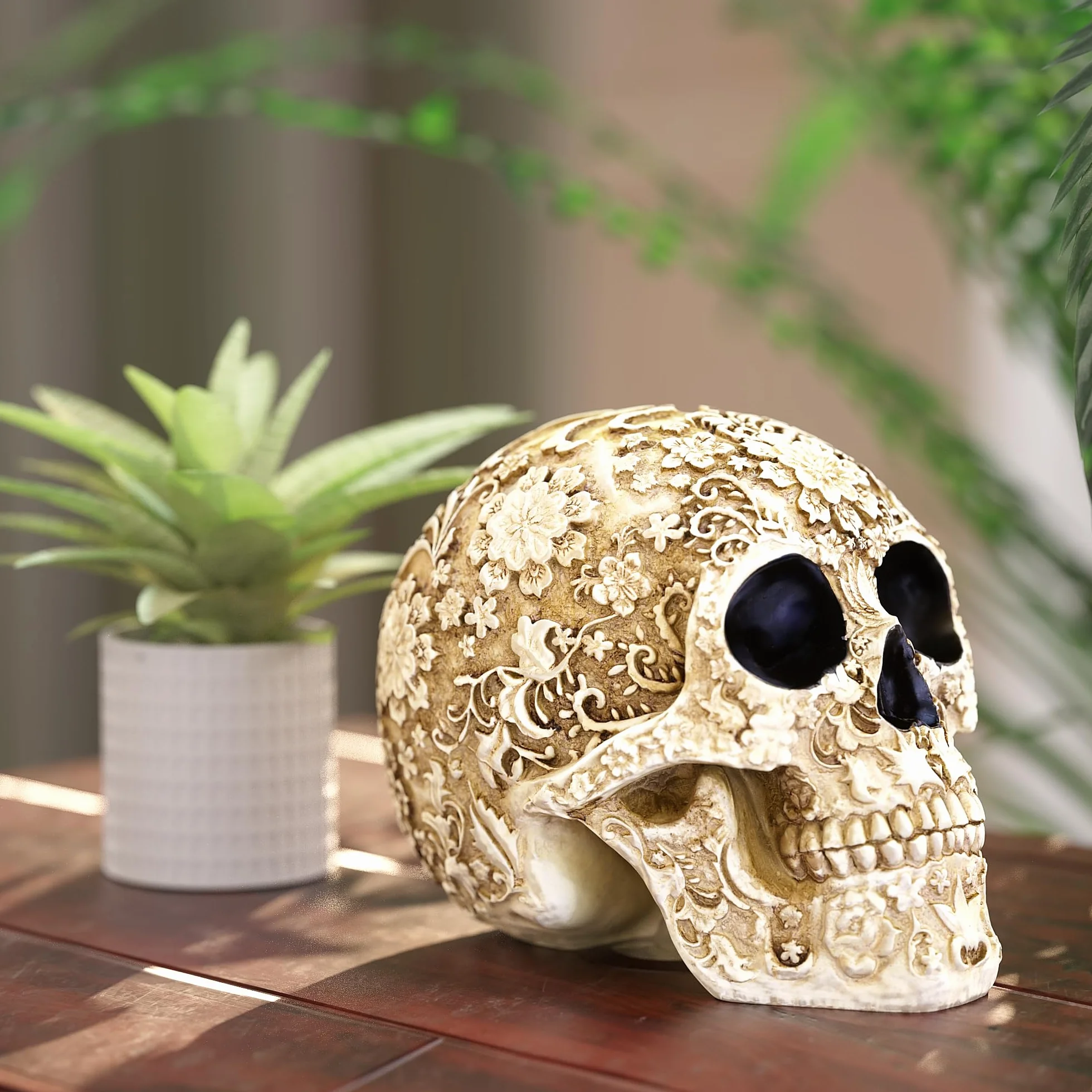 READAEER Replica realistica di scheletro a grandezza naturale con testa di teschio umano (floreale)