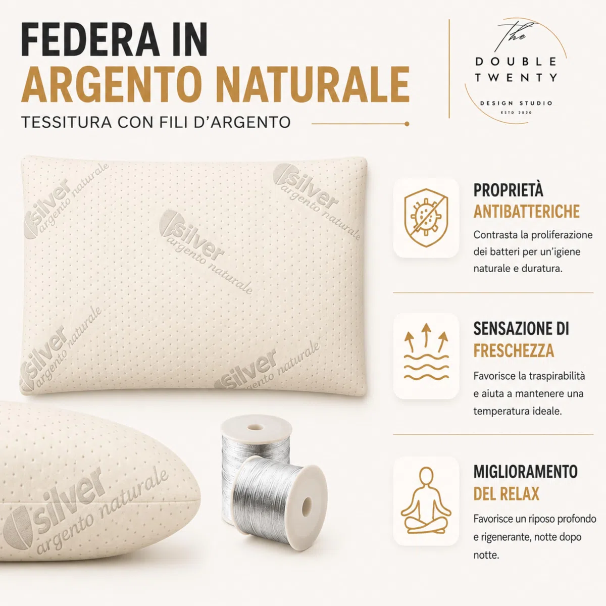 Cuscino in Memory Foam | Ergonomico e Traspirante | Supporto Ottimale per Collo e Cervicale, Adatto a Tutte le Posizioni del Sonno | Fodera Ipoallergenica in Argento Naturale | (10 cm)