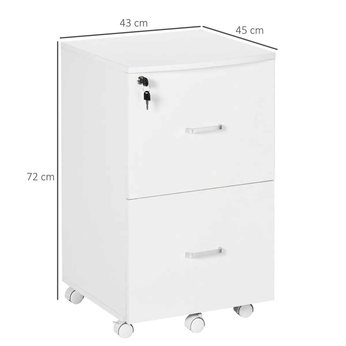 Vinsetto Armadietto da Ufficio e Studio con 2 Cassetti Bloccabili, 5 Ruote e Piano d'Appoggio, Schedario in MDF e Truciolato, 43x45x72cm, Bianco