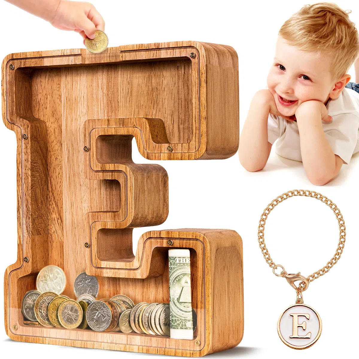 Summidate Salvadanaio Legno Bambini, Porcellino Salvadanaio Trasparente Lettera A-Z, Regalo Educativo Compleanno e Battesimo Personalizzabile con Adesivi per Ragazzi e Ragazze
