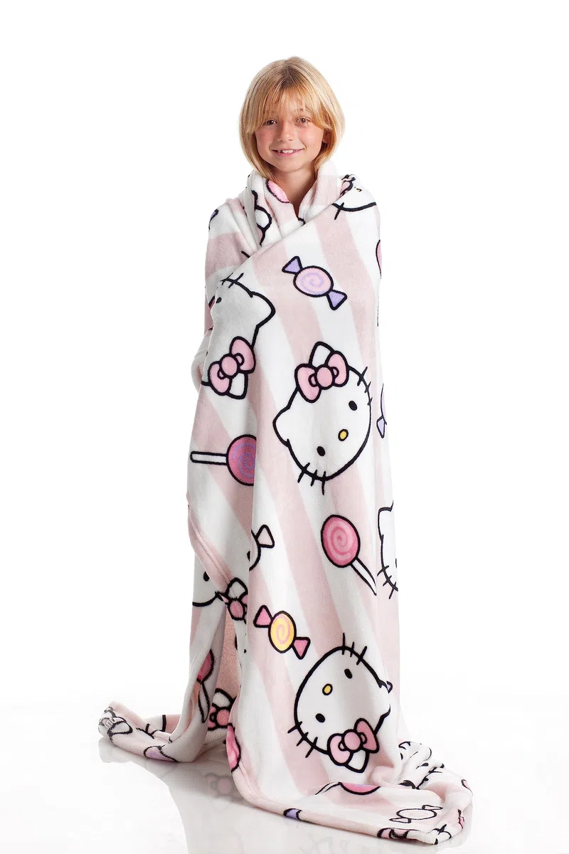 Kanguru - Soffice plaid divano in microfibra Hello Kitty Rosa, morbido pile, 130x170 cm, Simpatico copriletto singolo bambina, idea regalo Natale o Compleanno per tutti, amica, figlia pigiama party