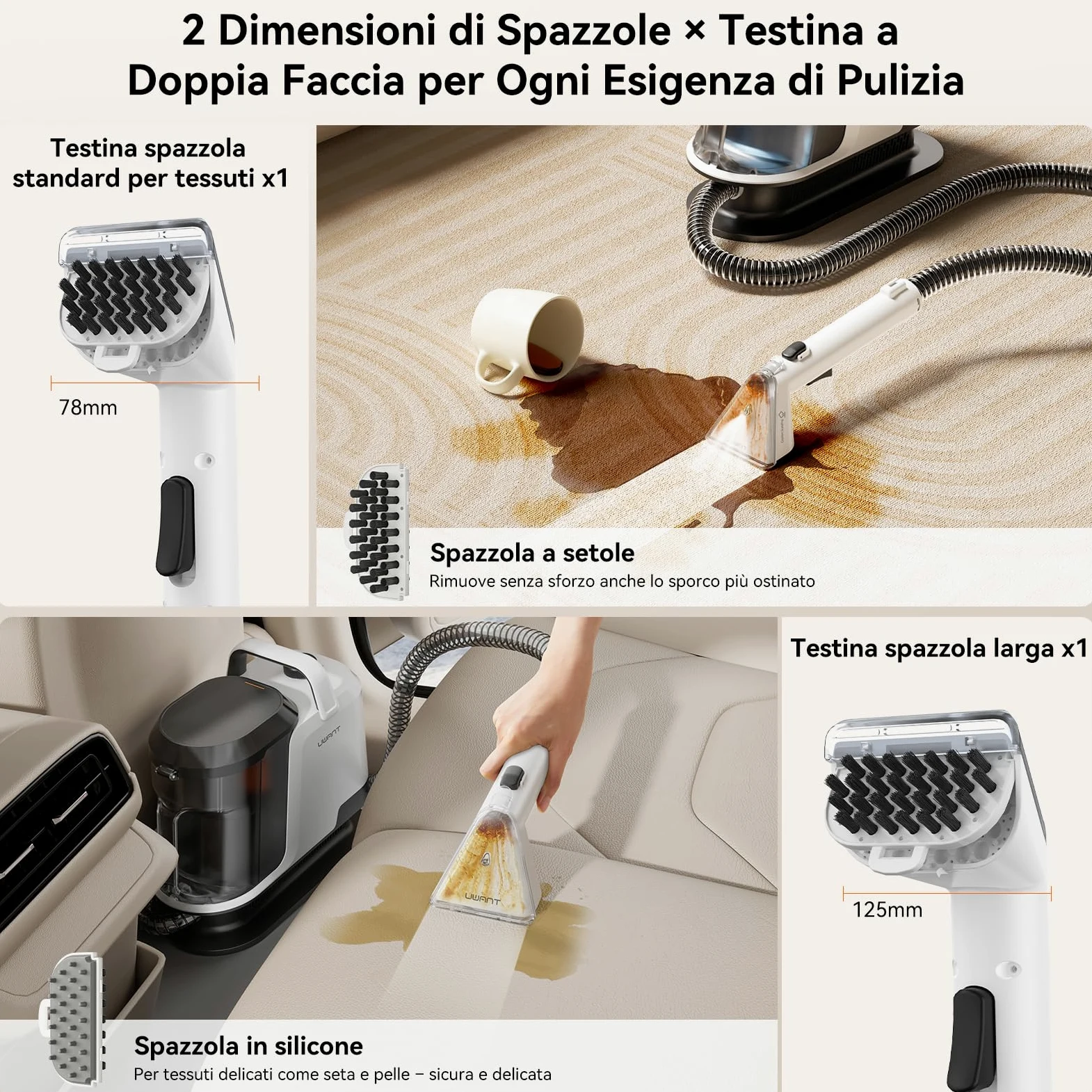 Uwant Lavatappeti Lava e Asciuga a Vapore Y100S 600W 18KPa, 3in1 Fredda/65℃ Calda/100℃ Vapore, Spazzole multiple Lava Divani/Tappeti/Auto/Cucina, 2.4L Serbatoio Auto-pulizia Portatile Lavatessuti