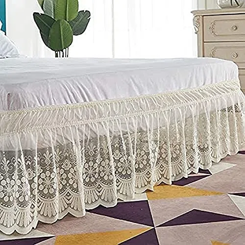 Pizzo Vestiletto,Elastica Avvolgere Mantovana Giroletto Tre Lati Tessuto Gonna da Letto Singolo/Matrimoniali/Una Piazza e Mezzo Elastico Dust Ruffle,Lunghezza 38 cm