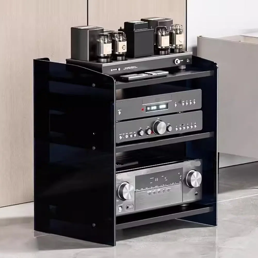Mensola for giradischi, mobiletto multimediale, supporto audio/video con ripiani regolabili a 3/4 livelli, moderno rack AV, spazio for componenti stereo di intrattenimento(Black Acrylic,3 Tier)