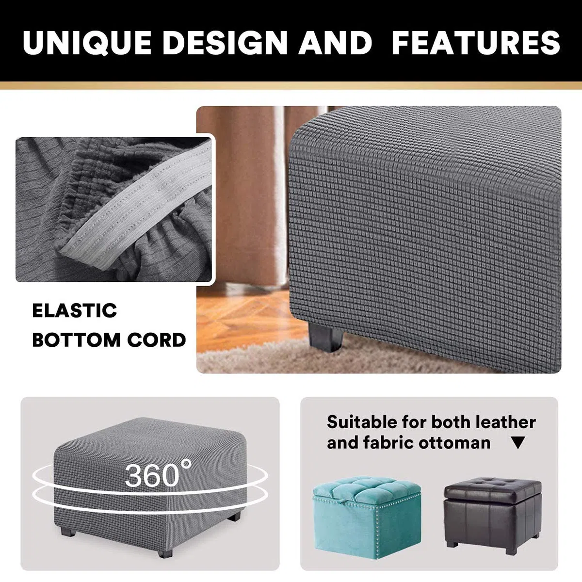 Copri Pouf Elasticizzato, Copridivano, Copertura Dell'Ottomano In Tessuto Elastico Fodera Per Rivestimento Jacquard (Grigio,Large)