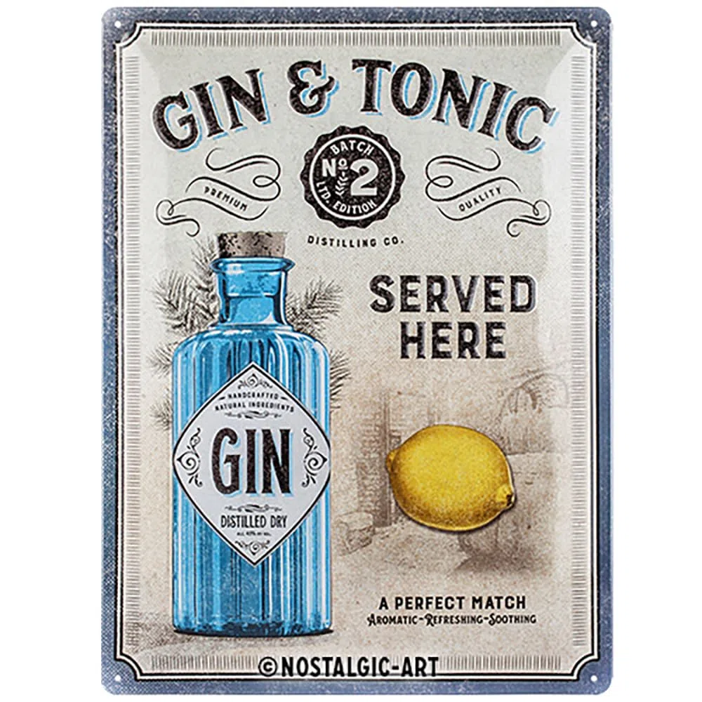 Nostalgic-Art Targa Vintage Gin & Tonic Served Here – Idea regalo per amanti dei cocktail, in metallo, Design retro per decorazione, 30 x 40 cm