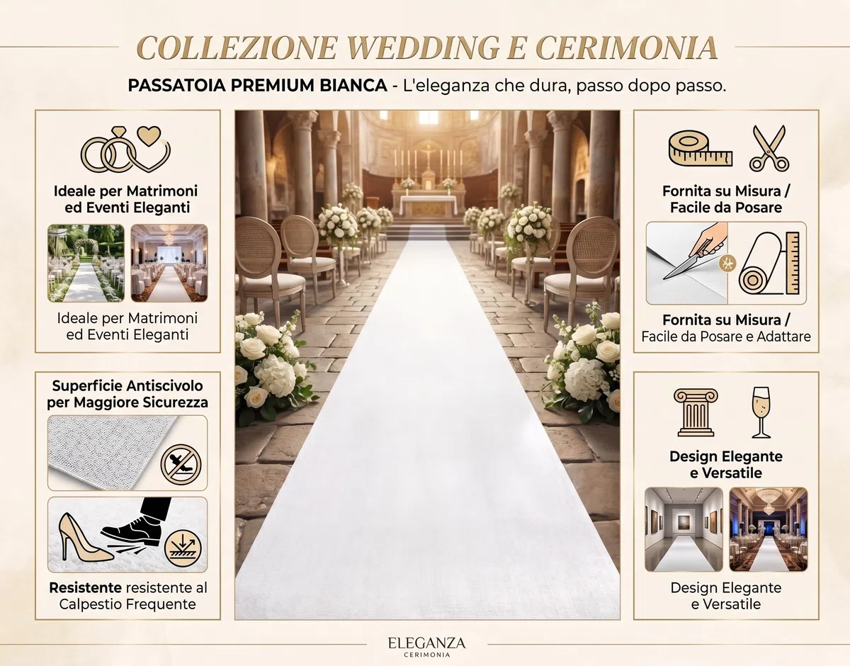 Passatoia Bianca Antiscivolo da Cerimonia, Tappeto Runner per Matrimoni, Chiesa, Eventi, Fiere, Ricevimenti, Allestimenti, Sfilate, Moquette Tessuto Resistente, Facile da Posare, Larghezza 1 o 2 metri