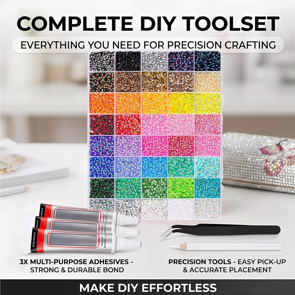Bedazzling - Kit con colla e penna, kit di strass Bedazzle in 40 colori, multicolore con retro piatto, gemme arcobaleno per fai da te, kit di strass Bedazzler per abbigliamento, scarpe, libri per